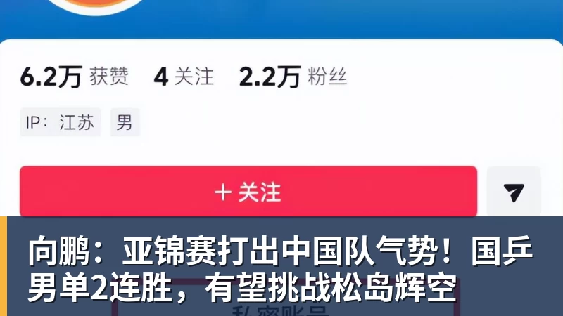 向鹏：亚锦赛打出中国队气势！国乒男单2连胜，有望挑战松岛辉空